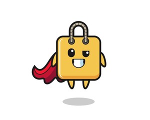 the cute shopping bag character as a flying superhero