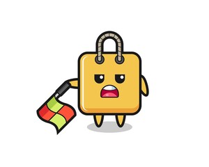 Obraz premium shopping bag character as line judge hold the flag down at a 45 degree angle