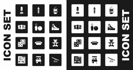 Set Paper glass with water, Bowling pin and ball, Stacks paper money cash, Tree, Water slide, Firework rocket, Teddy bear plush toy and Game dice icon. Vector