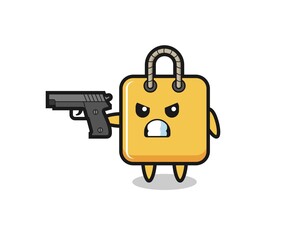 the cute shopping bag character shoot with a gun