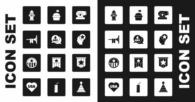 Set Cannon, USA Independence day, Trumpet, Fire hydrant, Head, Cake, American flag and Medal with star icon. Vector