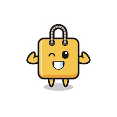 the muscular shopping bag character is posing showing his muscles