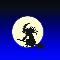 Witch on a broom flying over a moon. Full moon in the blue background.