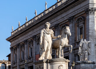 Fototapeta premium Statue of Pollux with his horse at Piazza del Campidoglio, the capitoline hill of Rome,