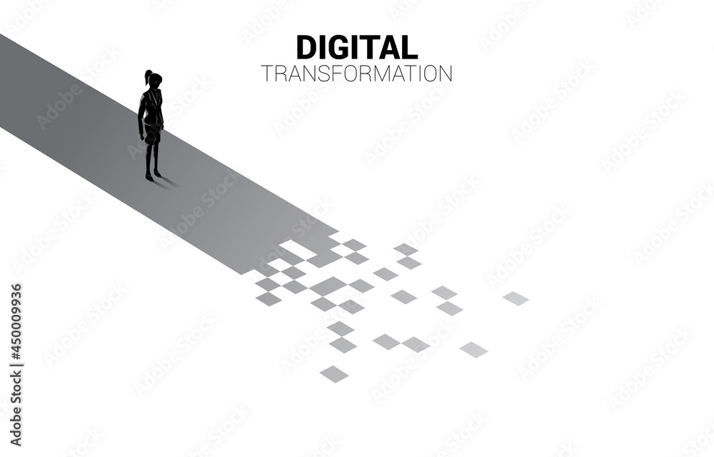 Poster silhouette of businesswoman standing on the way with pixel. concept of digital transformation of bus