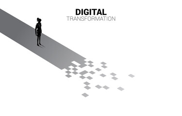 Silhouette of businesswoman standing on the way with pixel. concept of digital transformation of business.