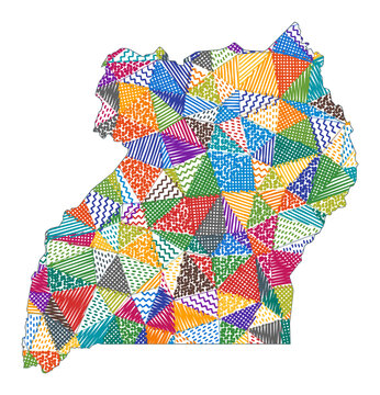 Kid style map of Uganda. Hand drawn polygons in the shape of Uganda. Vector illustration.