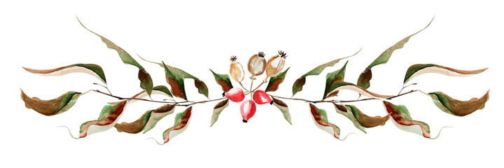 Border autumn branches watercolor illustration. Template for decorating designs and illustrations.