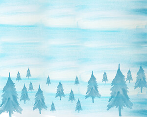 Card blue watercolor winter background with fir trees. Template for decorating designs and illustrations.