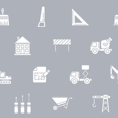 Construction - Vector background (seamless pattern) of silhouettes building, crane, truck, bulldozer, saw, wrench, shovel and other tool for graphic design