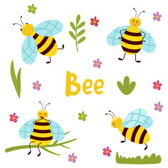 Bees in different poses, flying, sitting, standing, a set of cute clipart. Vector cartoon illustration isolated.
