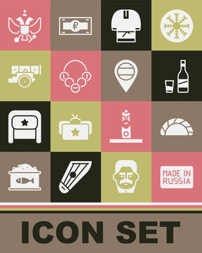 Set Made in Russia, Dumpling, Bottle of vodka with glass, Kosovorotka, Russian bagels, Cannon, National emblem and Location icon. Vector
