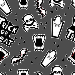 Halloween seamless pattern. Holiday accessories on gray background. Vector illustration
