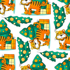 Seamless vector pattern for year of the tiger 2022. Can be used for fabric, packaging, wrapping paper and etc