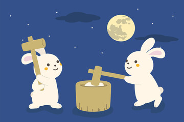 十五夜　餅をつく兎達
