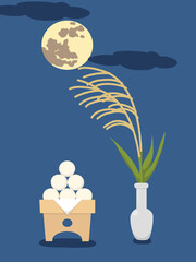 十五夜　満月と団子とススキ