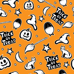 Halloween seamless pattern. Witch accessories for witchcraft on orange background. Vector illustration