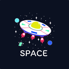 Spaceship, flying saucer with the inscription - space. UFO. Cute childish illustration. Flat design. For printing on T-shirts, posters, stationery and other purposes.