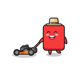 illustration of the red card character using lawn mower