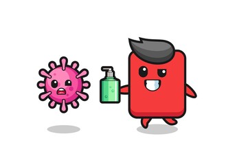 illustration of red card character chasing evil virus with hand sanitizer