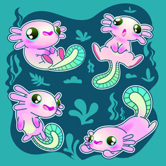 cute axolotl vector set, cute salamander