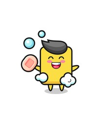 yellow card character is bathing while holding soap