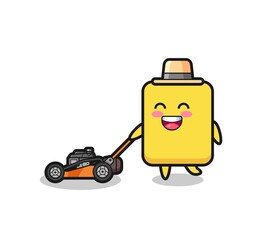 illustration of the yellow card character using lawn mower
