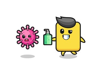 illustration of yellow card character chasing evil virus with hand sanitizer