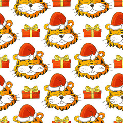 Seamless vector pattern with tigers heads in New Year's hats, gifts. 2022. Can be used for fabric, packaging