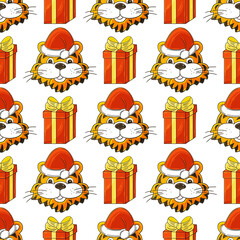 Seamless vector pattern with tigers heads in New Year's hats, gifts. 2022. Can be used for fabric, packaging