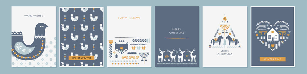 Winter folk art greeting card set in Scandinavian, Nordic style.
