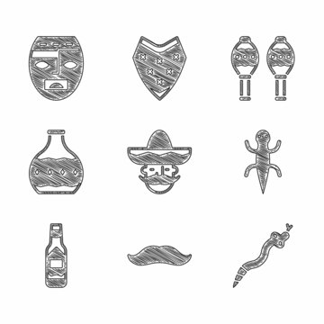 Set Mexican man sombrero, Mustache, Snake, Lizard, Tabasco sauce, Tequila bottle, Maracas and Aztec mask icon. Vector