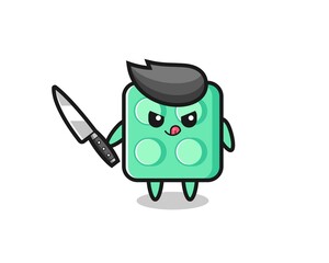 cute brick toy mascot as a psychopath holding a knife
