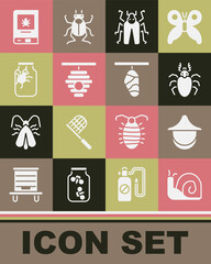 Set Snail, Beekeeper hat, Beetle deer, bug, Hive for bees, Spider in jar, Book about insect and Butterfly cocoon icon. Vector