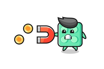 Fototapeta premium the character of brick toy hold a magnet to catch the gold coins