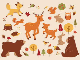 かわいい秋の森の動物セット　Autumn forest animals vector illustration