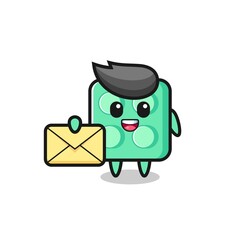 cartoon illustration of brick toy holding a yellow letter