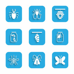 Set Butterfly cocoon, Clothes moth, Spider in jar, Mosquito, Fireflies bugs, Hive for bees and Beetle deer icon. Vector