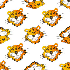 Year of the tiger. Seamless vector pattern with tigers faces. 2022. Can be used for fabric, packaging, wrapping