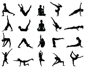 Black silhouettes of yoga and fitness on a white background	
