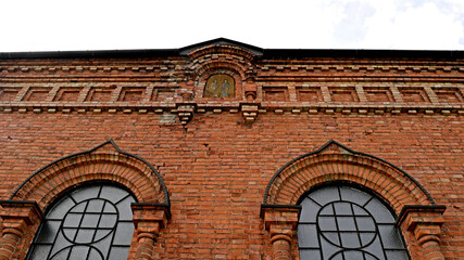 Built in 1890 as an Orthodox Church, now the Catholic Church of St. Wojciech in the city of Ostrołęka in Masovia, Poland. The photos show architectural details and a general view of the temple.