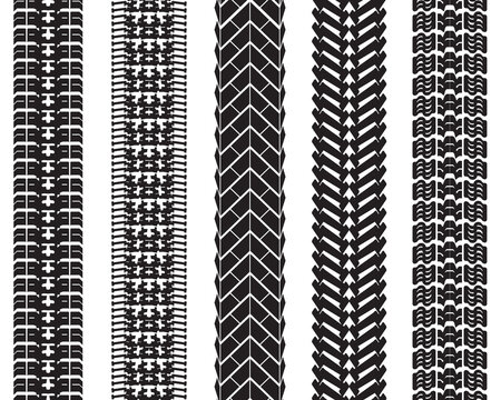 Seamless pattern of tire prints on a white background, black silhouettes