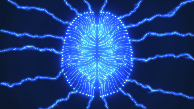 Glowing blue computer brain with lightning bolts of electricity
