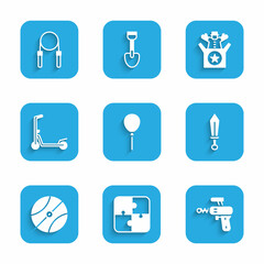 Set Balloons with ribbon, Puzzle pieces toy, Ray gun, Sword, Basketball ball, Scooter, Jack in the box and Jump rope icon. Vector
