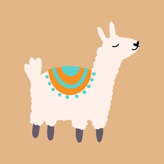 Vector cute lama in cartoon hand drawn childish style. Funny animal character for nursery, baby apparel, textile and product design, wallpaper, wrapping paper, card, scrapbooking