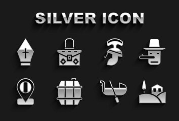 Set Barrel for wine, Pinocchio, Village landscape, Gondola, Location flag Italy, Roman army helmet, Pope hat and Handbag icon. Vector