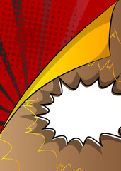 Retro comic background with turning paper corner. Rays and halftone dots, cartoon pop art style wallpaper. Vector illustration, colored template.