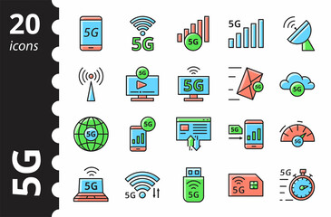 5G technology icons set. New mobile network, high speed connection. Vector infographic in color. Editable strokes.