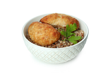 Bowl with cutlets, buckwheat and parsley isolated on white background