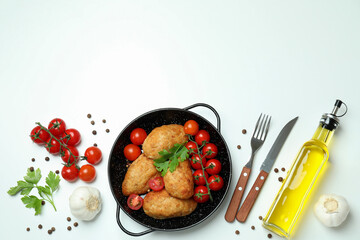 Concept of tasty food with cutlets on white background